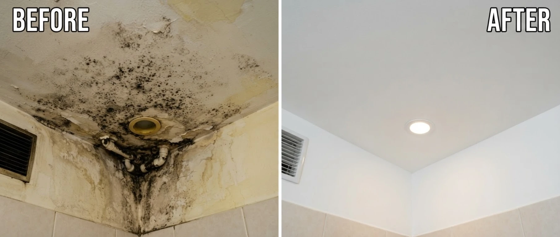 Before and after anti-mould paint on Ang Mo Kio Singapore HDB bathroom ceiling