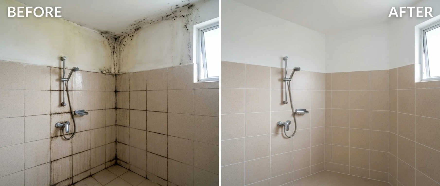 Before and after mould removal on Hougang Singapore HDB shower tiles