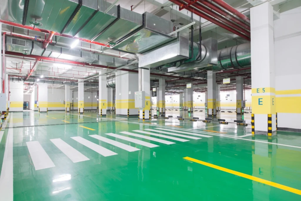 Green epoxy parking lot floor, Singapore basement carpark