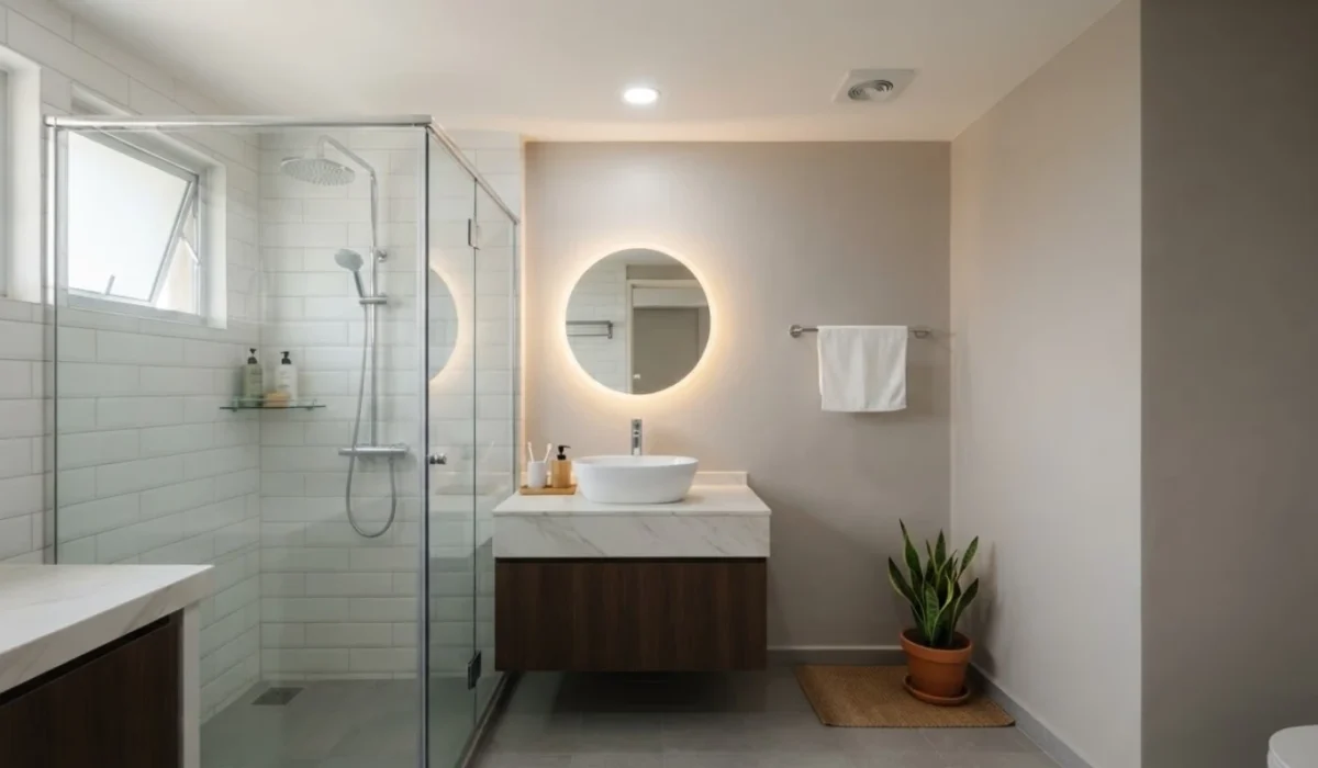 Modern renovated bathroom with glass shower in Toa Payoh Singapore HDB flat