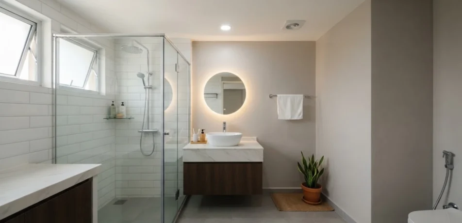 Modern renovated bathroom with glass shower in Toa Payoh Singapore HDB flat