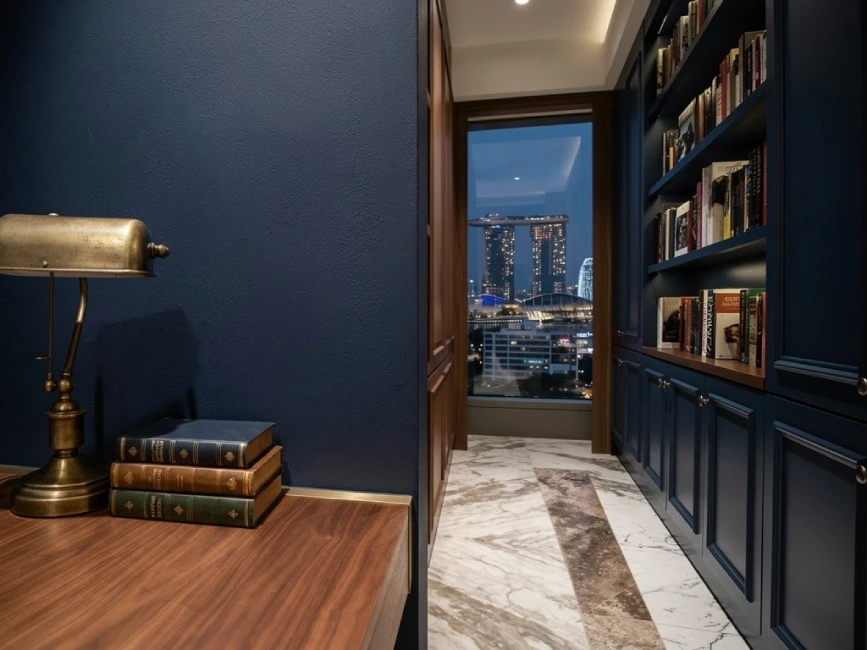 Navy blue library wall, Orchard condo Singapore, 2026 trend