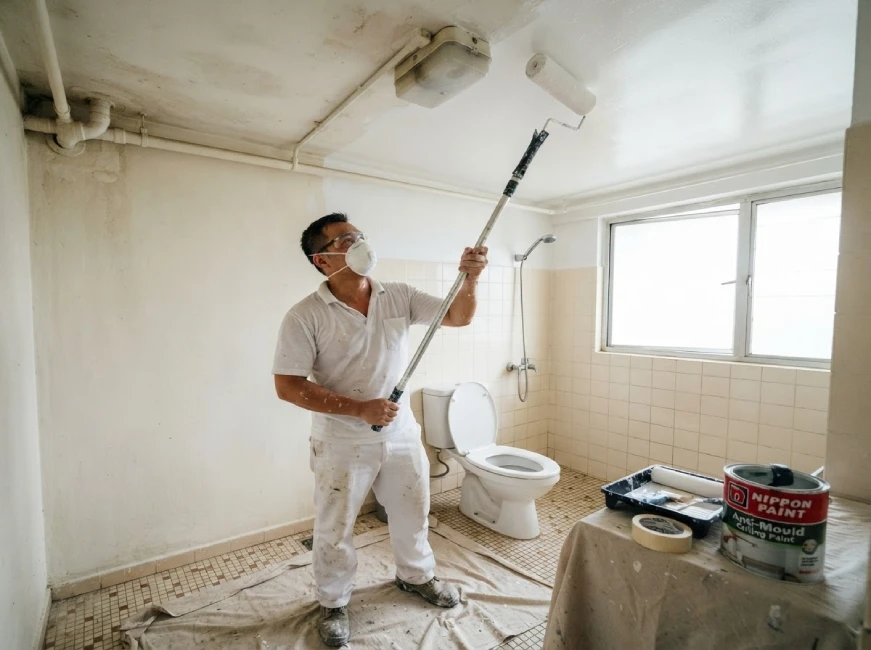 Professional painter applying Nippon Anti-Mould paint in Bedok Singapore HDB bathroom