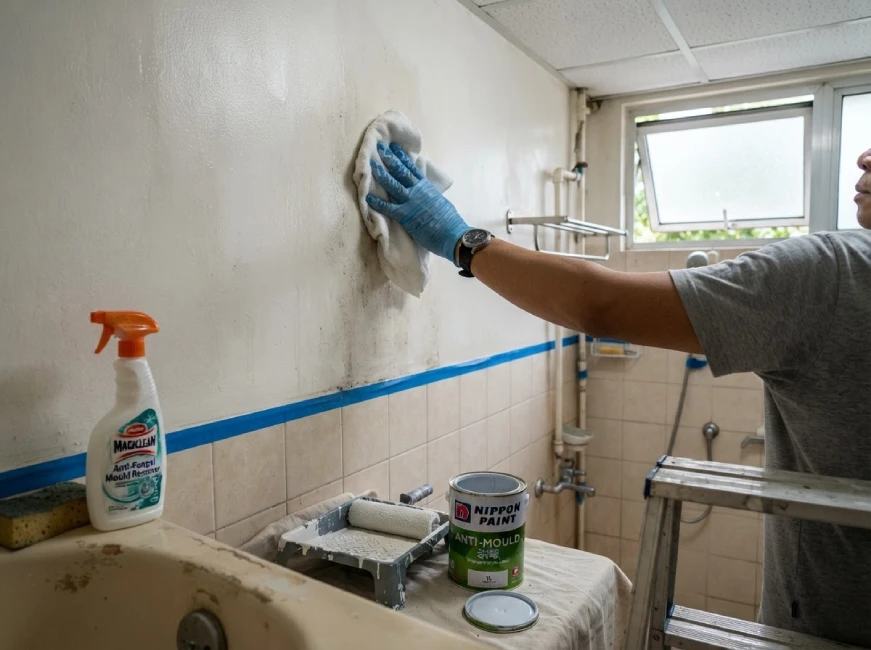 Singapore painter prepping HDB wall with Nippon Anti-Mould system in Bukit Batok