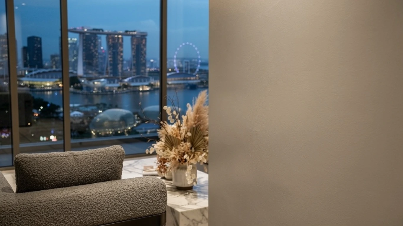 Warm beige wall, Marina Bay condo, Singapore 2026 paint trend