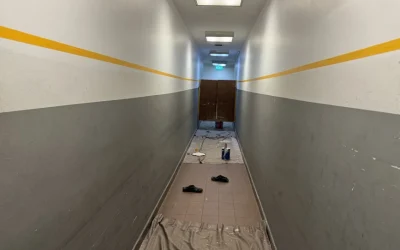 Condo corridor grey yellow stripe paint finish, Singapore repaint