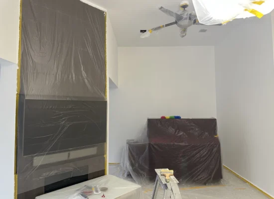 HDB living room masked with plastic, Singapore house painting prep