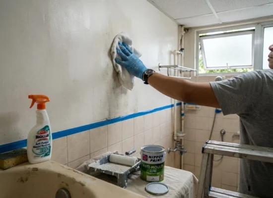 Singapore painter prepping HDB wall with Nippon Anti-Mould system in Bukit Batok